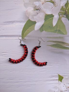 Red and Black Beaded Crescent Hoop Earrings - Women Jewelry